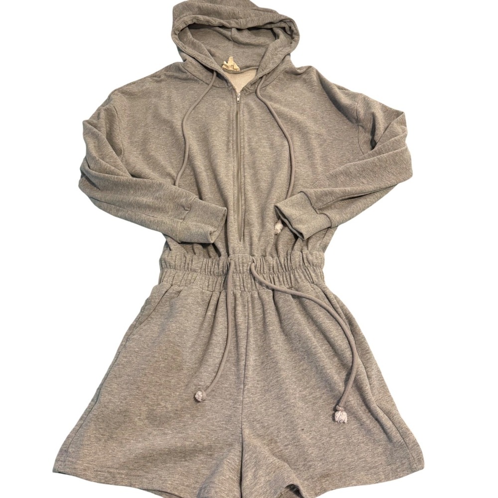 BiBi Womens Heather Gray Long Sleeve Hooded Zip Front Romper IB1261-01 Size S